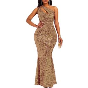 VERWIN Sequins Fashion Sleeveless Oblique Collar Mermaid Women's Maxi Dress Bodycon Dress Party Dress (Large, Camel)