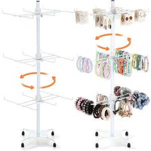 RattanView 2 Pcs Jewelry Rotating Display Stand Adjustable Metal Earrings Bracelet Display Rack Hanging Jewelry Spinning Organizer Tree with Hooks for Vendor Events Selling(3 Tier,White)