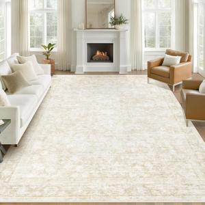 9x12 Area Rugs for Living Room: Washable Large Vintage Floral Rug Low Pile Non-Slip Boho Carpet for Bedroom Dining Home Office (Beige, 9'x12')