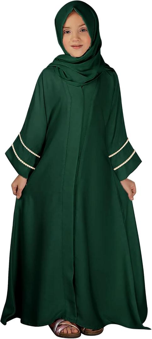 Muslim Abaya For Girls Islamic Prayer Abayas Dress with Hijab Ramadan Cardigan Kaftan Robe Dresses Dubai Outfits (5-6 Years, Dark Green)