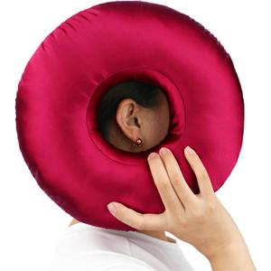 Silky Satin Piercing Pillow Ear Pillows Donut with Hole for Ear Pain CNH Piercing Pain Relief Sleeping Pressure Sore Side Sleepers Smooth Cooling Ear Guard Protector, Burgundy
