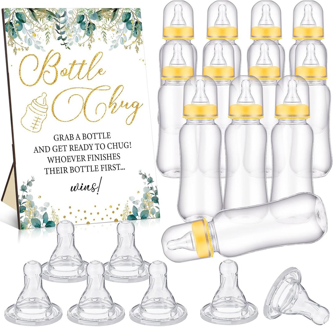 TrelaCo Greenery Cool Baby Shower Games Bottle Chug Sign Wooden Neutral Greenery Floral Gift Sets Gender Reveal Party Favors and 12 Pcs Baby Bottle Shower Favor for Games Gender Reveal, Greenery, Green, White