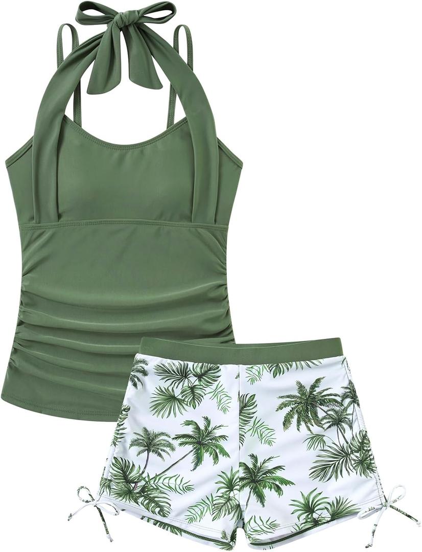 Girls Tankini Swimsuit 2 Piece Halterneck Bathing Suit for Teens Size 7-16 (13-14 Years, Green)