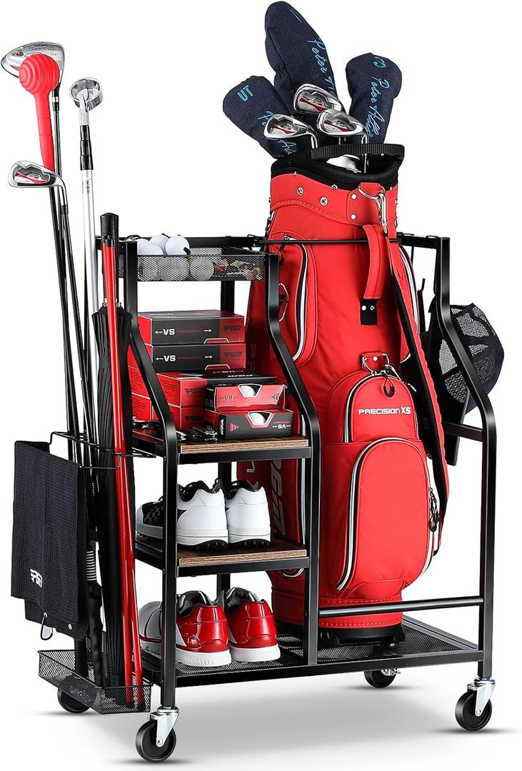 FHXZH Golf Bags Storage Garage Organizer- Golf Bag Stand for Golf Bags, Clubs, Balls, Golf Equipment Accessories, Golf Bag Storage Rack with Wheels for Garage, Club, Basement