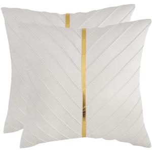 Tosleo Beige Velvet Throw Pillow Covers 18 x 18 inch Pack of 2 with Gold Leather Decorative Couch Pillow Cover Luxury Modern Pillowcases for Living Room Bedroom Sofa Cushion Bed