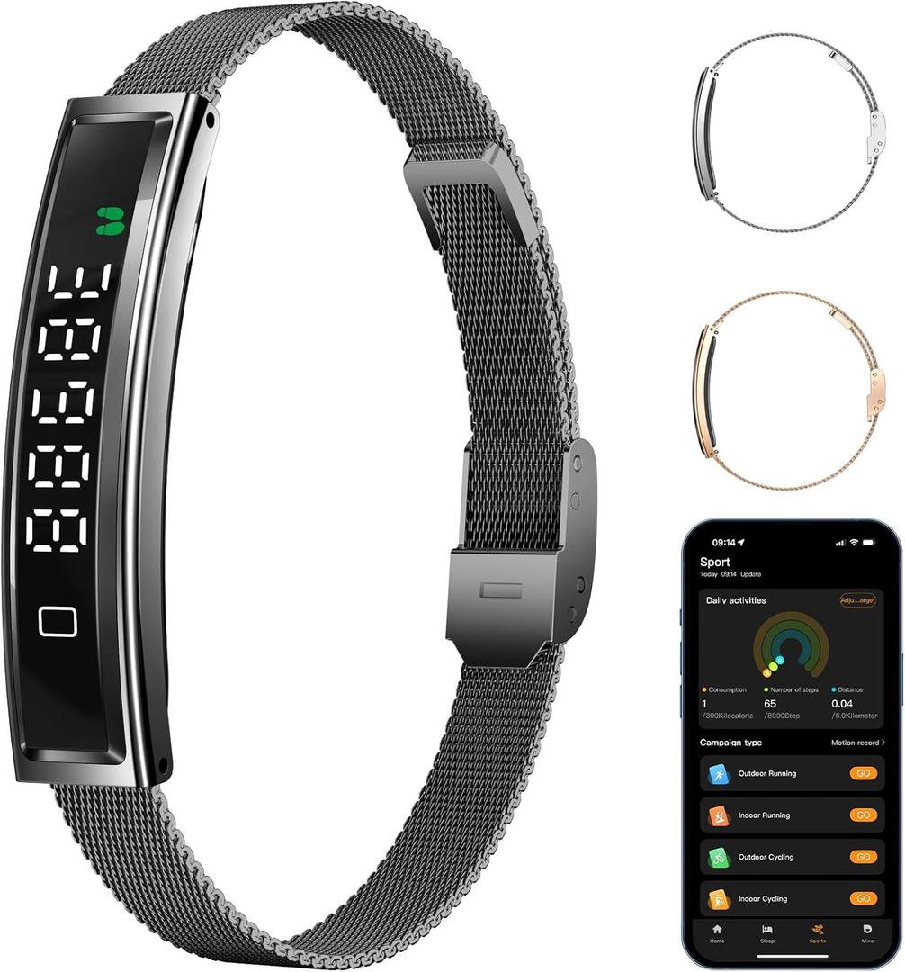 Smart Bracelet,Activity&Fitness Trackers,Touch Screen/Sleep Tracker/Heart Rate/Blood Oxygen,5ATM Waterproof,Multiple Sports Modes,Free App for iOS Android (Steel Belt, Black)