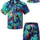 TUNEVUSE Little & Big Boys Hawaiian Button Down Shirts and Short Sets with Bucket Hat Summer Outfits Printed Kids Cabana Set, 7-8T