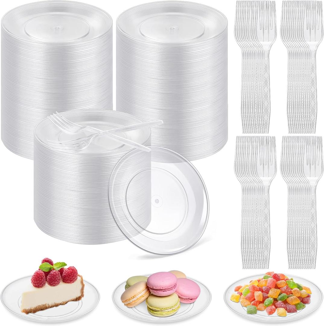 Breroa 300 Pieces Clear Disposable Plastic Plates with Plastic Forks 5.5 Inch Dessert Hard Round Appetizer Plates Food Grade Dinner Plates for Party Wedding Birthdays Elegant Cake Supplies