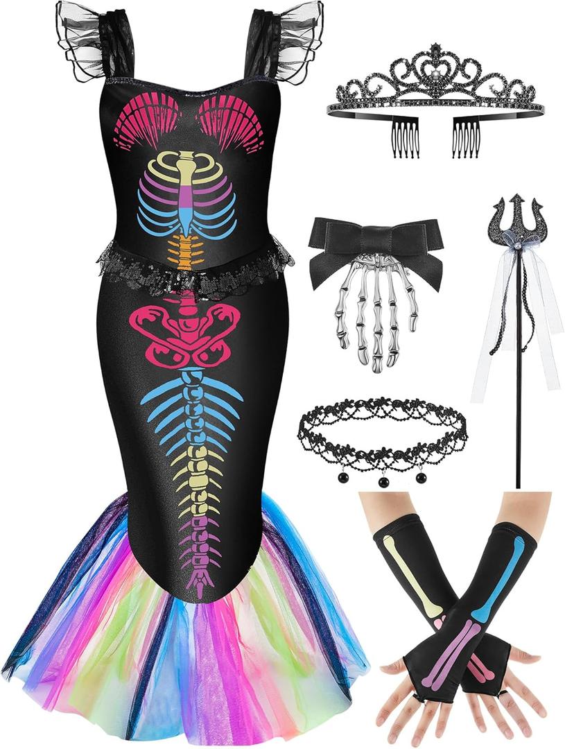 Liitrsh 6 Pcs Halloween Skeleton Costume Fishtail Mermaid Dress with Accessories for Halloween Cosplay(10,Colored)
