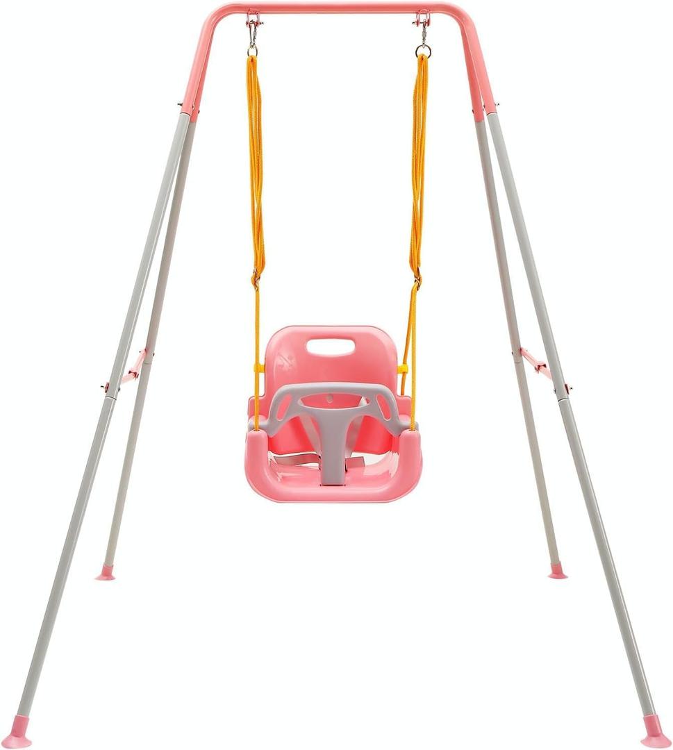 FUNLIO Toddler Swing with Foldable Metal Stand for Aged 1~10 Years, 3-in-1 Baby Swing Set with 4 Sandbags for Backyard, Kids Swing Set for Indoor/Outdoor Play, Easy to Assemble & Store, Pink