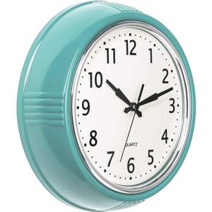 Bernhard Products Retro Wall Clock 12 Inch Blue Kitchen 50's Vintage Design Round Silent Non Ticking Battery Operated Quality Quartz Clock (Robin Egg Blue)