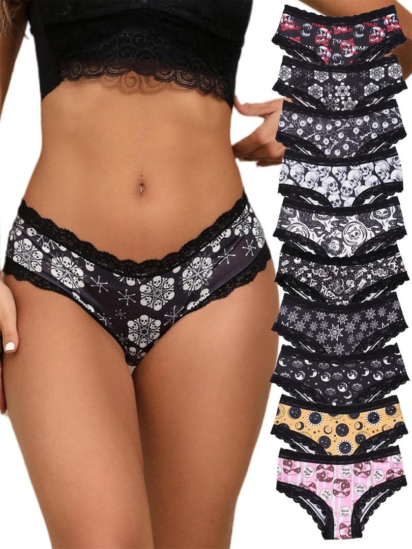 Morvia 10pcs Women's Gothic Contrast Lace Halloween Skull & Rose Print Hipster Panties Assorted Styles (Black)
