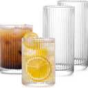 Drinking Glasses with Origami Style Set of 6pcs Glass Cups, Highball Glasses & Rocks Glasses,Elegant Ripple Vintage Glassware,Iced Coffee Glasses,Ideal for Cocktail, Whiskey, Beer, Juice, Water