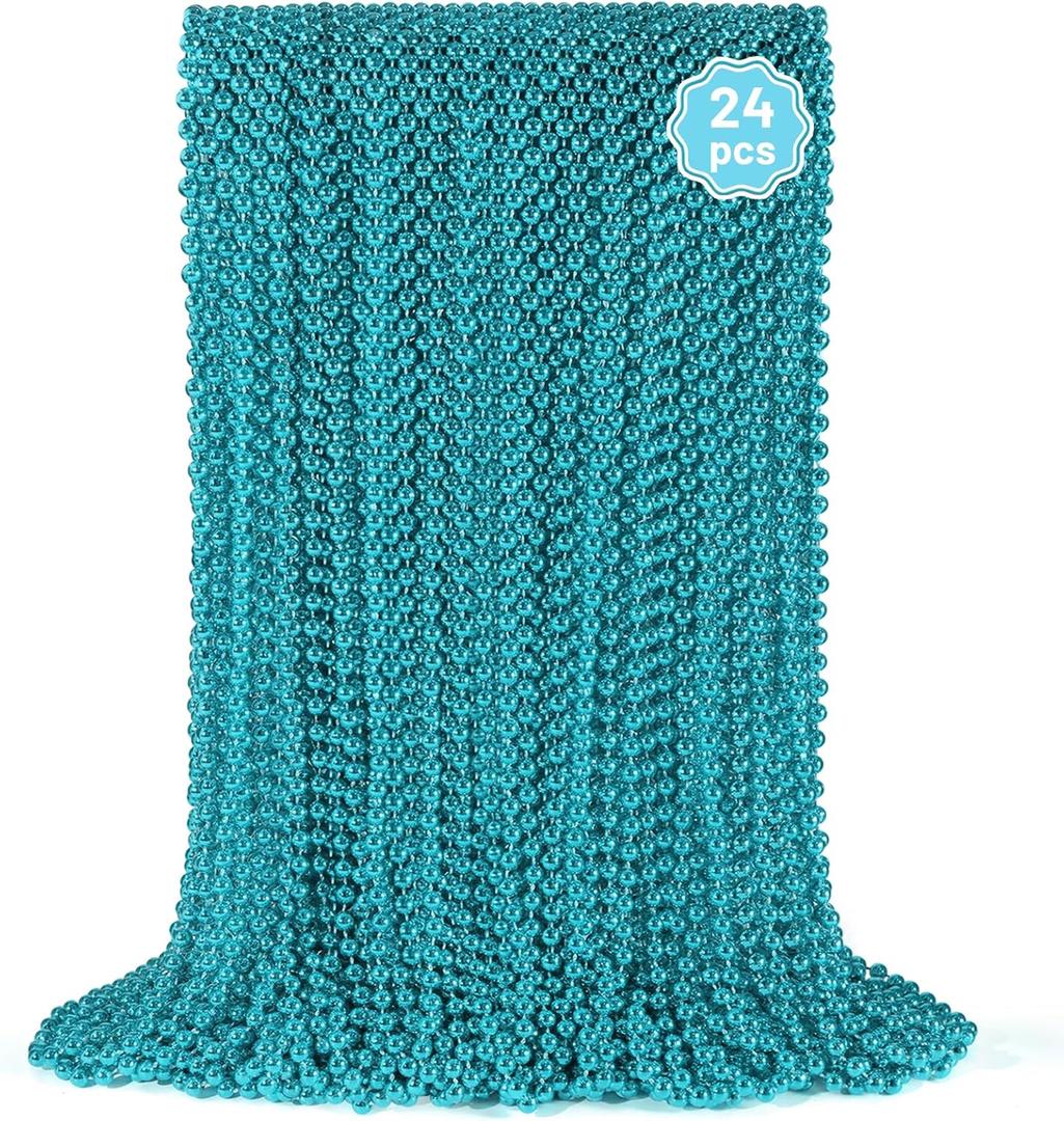 YAXINRUI 24 PCS Teal Bead Necklaces, Teal Mardi Gras Beads, 33 Inch Round Beaded Necklaces School Spirit Day Necklace for Mardi Gras Party Christmas Festive Events, Party Favors