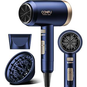 Hair Dryers for Women, CONFU Hair Dryer with Diffuser, Blow Dryers for Men, Hairdryer with Diffuser Attachment, Portable Lightweight Fast Drying Negative Ion Hairdryer for Home (Blue)