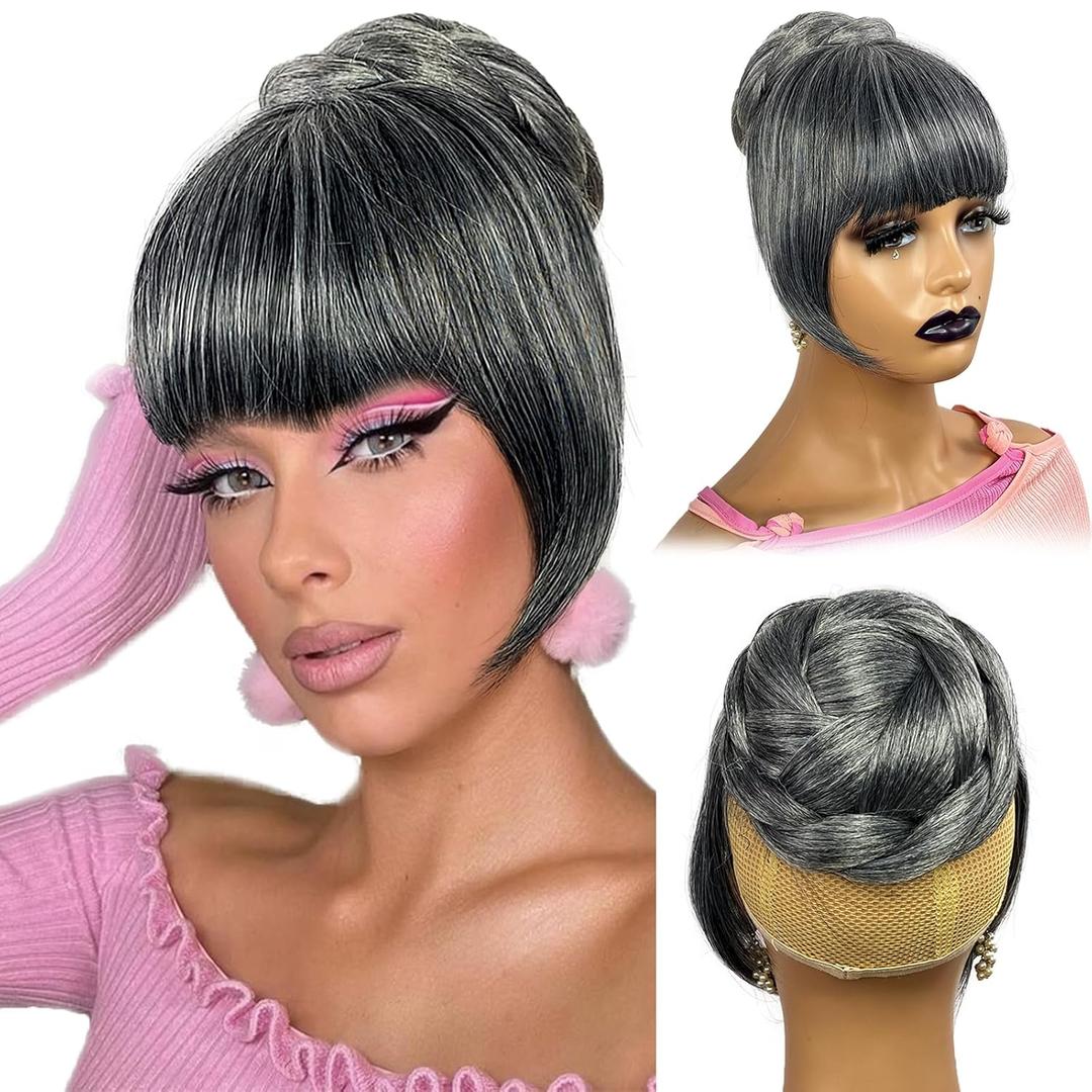 Gray Bun & Bangs Set 2PCS - Salt and Pepper Grey Clip in French Bangs with Twist Braided Bun Hairpiece Extension Bun and Bangs for Black Women