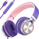 INFURTURE USB C Headphones with Mic,Volume Control,Tangle-Free Plaiting Line,Wired Headphones Type c,Lightweight Foldable for iPhone 17/16/15 Headphone Series/Tablet/School/Travel/Sports/Audiobooks (Pink-purple)