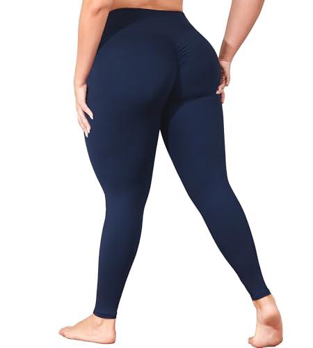 Plus Size Leggings with Pockets, Navy Blue Yoga Pants for Women Tummy Control, Booty Workout Leggings, High Waist Gym Activewear Stretchy, 4X