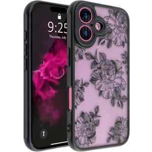 Compatible with iPhone 16 Case, [Cute Floral Flower Design] Black Soft TPU Bumper Hard PC Back Slim Shockproof Protective Aesthetic Translucent Matte Case Cover for iPhone 16, 6.1inch (Flower)