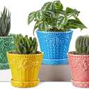 Metahom Succulent Ceramic Pots, 3.8 Inch Small Plant Pots with Drainage Hole & Saucer, Flower Planter Pot for House Plants Cacti, Home Decor, Set of 4, Assorted Colors