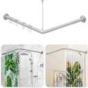 L Shaped Shower Curtain Rod - [39''-52.5''] x [71''-85''] Adjustable Corner Shower Curtain Rod, 90 Degree Shower Rod for Bathroom Bathtub, Clothing Store with 12 Ring Hooks & Ceiling Support Silver