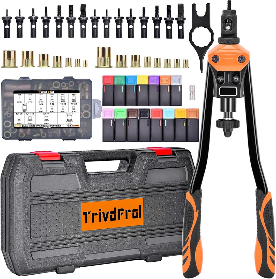 16" Rivet Nut Tool, Nutsert Rivet Nut Tool Kit with 15 Metric and SAE Mandrels, 281Pcs Rivet Nut Assortment Kit and Rugged Carrying Case