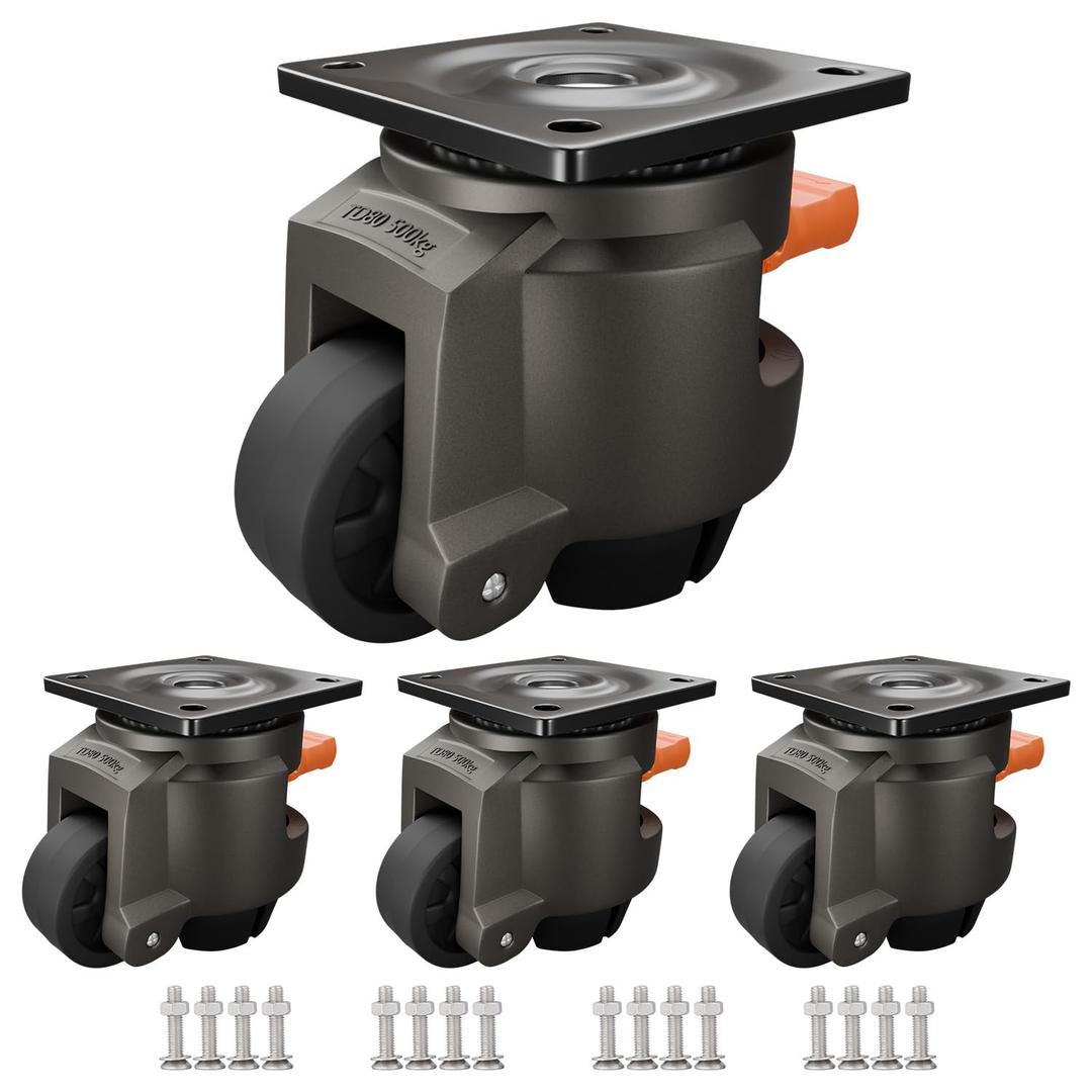 Leveling Casters Heavy Duty,4-Pack,Non-Scratch Nylon Wheels & Steel Ball Rollers, Adjustable Handle for Uneven Floors for Workbench,Equipment,Shelves,Industrial Casters,Total Capacity 2600Lbs80F