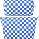 SOIDRAM 2 Pcs Checkered Makeup Bag Large Cosmetic Bag Toiletry Bag Makeup Pouch Travel Bag Organizer Cute Makeup Brushes Aesthetic Accessories Storage Bag for Women Royal Blue