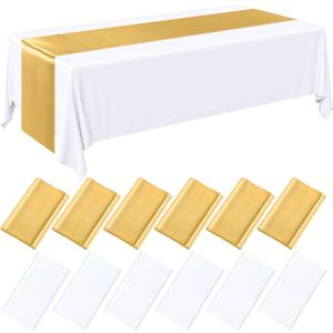 Tudomro 12 Pcs White and Gold Disposable Plastic Tablecloths and Satin Table Runner Set, 54 x 108 Inch Tablecloth, 12 x 108 Inch Table Runners for Wedding Baby Shower Birthday Party