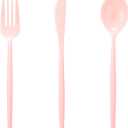 Supernal 180pcs Pink Plastic Silverware Heavy Duty Pink Party Disposable Cutlery Plastic Forks and Spoons Disposable Utensils Include 60 Forks,60 Knvies,60 Spoons for Wedding,Party or Daily Using