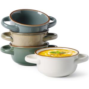 MONITO Ceramic Salad Bowl with Handles, 14 oz French Onion Soup Bowls, Ceramic Soup Bowls for Cereal, Pasta, Chilli, Beef Stew, Stackable Serving Bowl Set of 4 (14 OZ)
