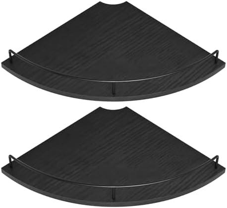 Corner Floating Shelves, Rustic Brown Wood, Set of 2, Wall Mount Storage with Guardrail for Bathroom Kitchen Living Room (Black)