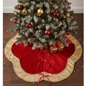 36 Inch Scalloped Velvet Christmas Tree Skirt Red with Bow Gold Edge Fur Plush Tree Skirt Luxury Xmas Skirts for Merry Christmas Party Vintage Holiday Decorations