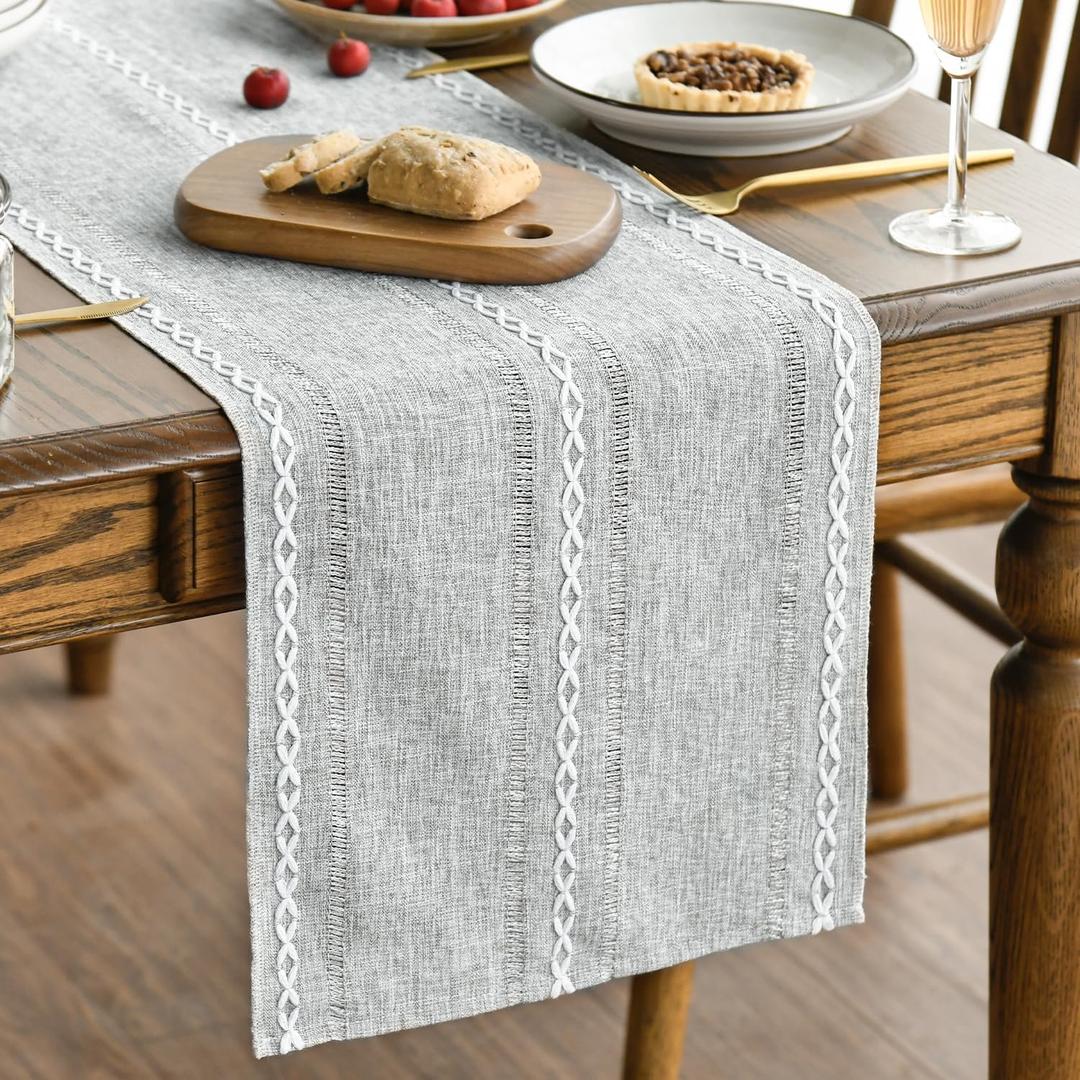 Artoid Mode Grey Rustic Cotton Linen Table Runner, Seasonal Embroidered Hollow Kitchen Dining Table Decoration for Home Party Decor 13x60 Inch