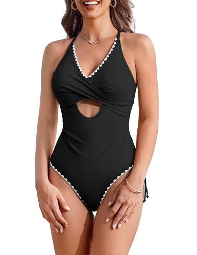AI'MAGE Women One Piece Swimsuit 2025 Tummy Control Cutout Bathing Suit Wrap Tie Back Swimwear Shell Stitched Black S