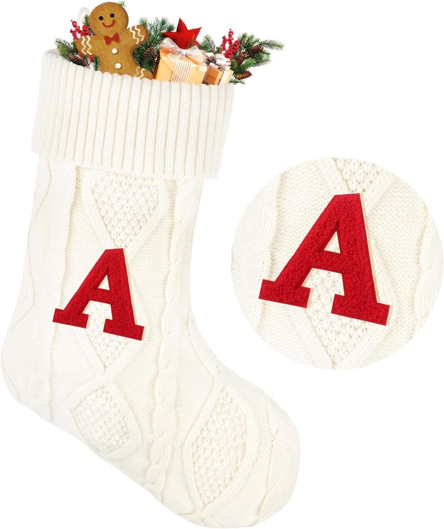 21 Inches Knitted Christmas Stockings with Initials, Large White Custom Monogram Christmas Stockings with Letter, Suitable for Xmas Holiday Party Gifts & Decoration for Fireplace (White-A)