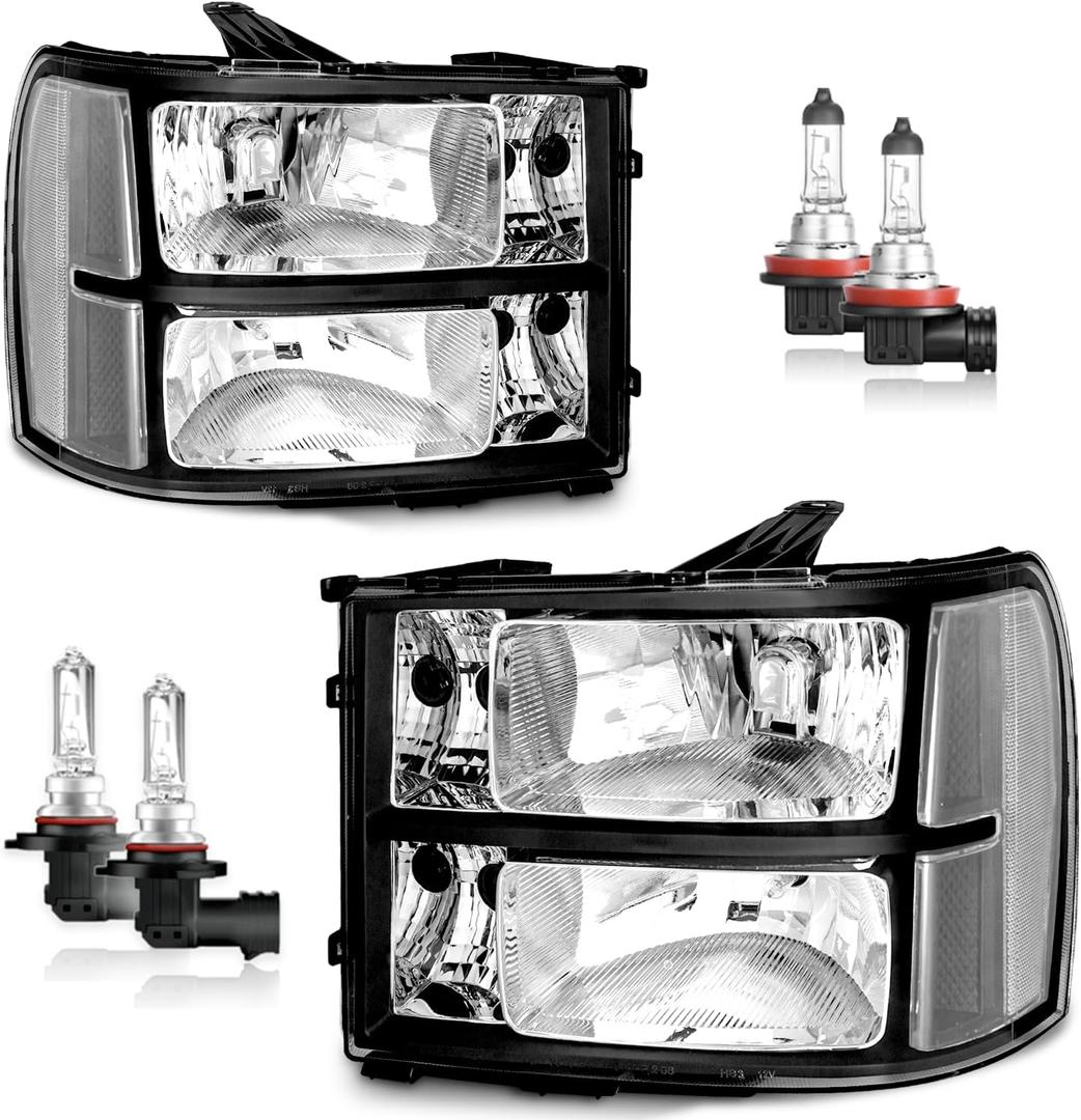 Headlights for 2007-2013 GMC Sierra 1500/2007-2014 Sierra 2500 HD 3500 HD Headlamp Replacement, High/Low Beam W/Bulbs, Driver & Passenger Side