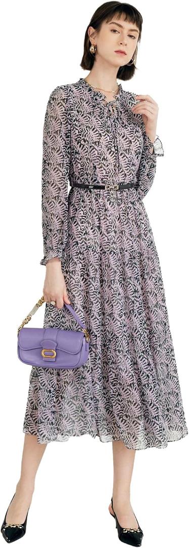 Women's Vintage Floral Print Long Sleeve Dress with Lace Collar and V-Neck Design Mid-Length A-Line Dress XXL
