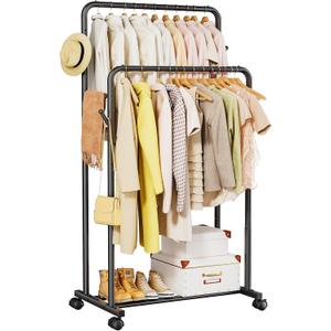 Delamu Clothes Rack, Double Rods Clothing Rack for Hanging Clothes, Metal Garment Rack with Rolling Wheels, Portable Wardrobe Closet Rack for Coat, Bedroom, Laundry, Black
