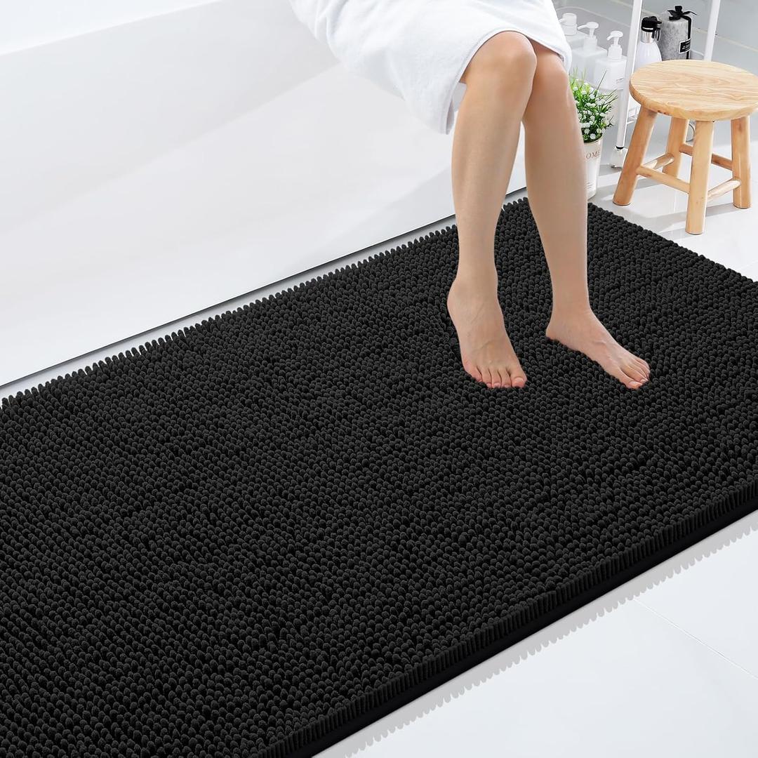 Smiry Luxury Chenille Bathroom Rugs 40x24, Extra Soft and Absorbent Shaggy Bath Mat, Machine Washable, Non-Slip Plush Carpet Runner for Tub, Shower, and Floor, Home Decor Accessories, Black