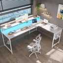 Pamray 64 Inch L Shaped Gaming Desk with Power Outlets and Led Lights, Large Corner Computer Desk with Monitor Stand and Pegboard, PC Table for Home Office and Bedroom White