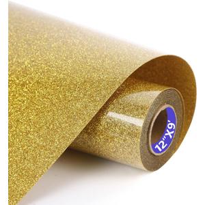HTVVETUR Glitter Gold Heat Transfer Vinyl - 12" x 9ft Glitter HTV Rolls for Shirts, Iron on Vinyl for Cameo - Easy to Cut & Weed (J006-9ft) (J006 Glitter Golden-9ft)