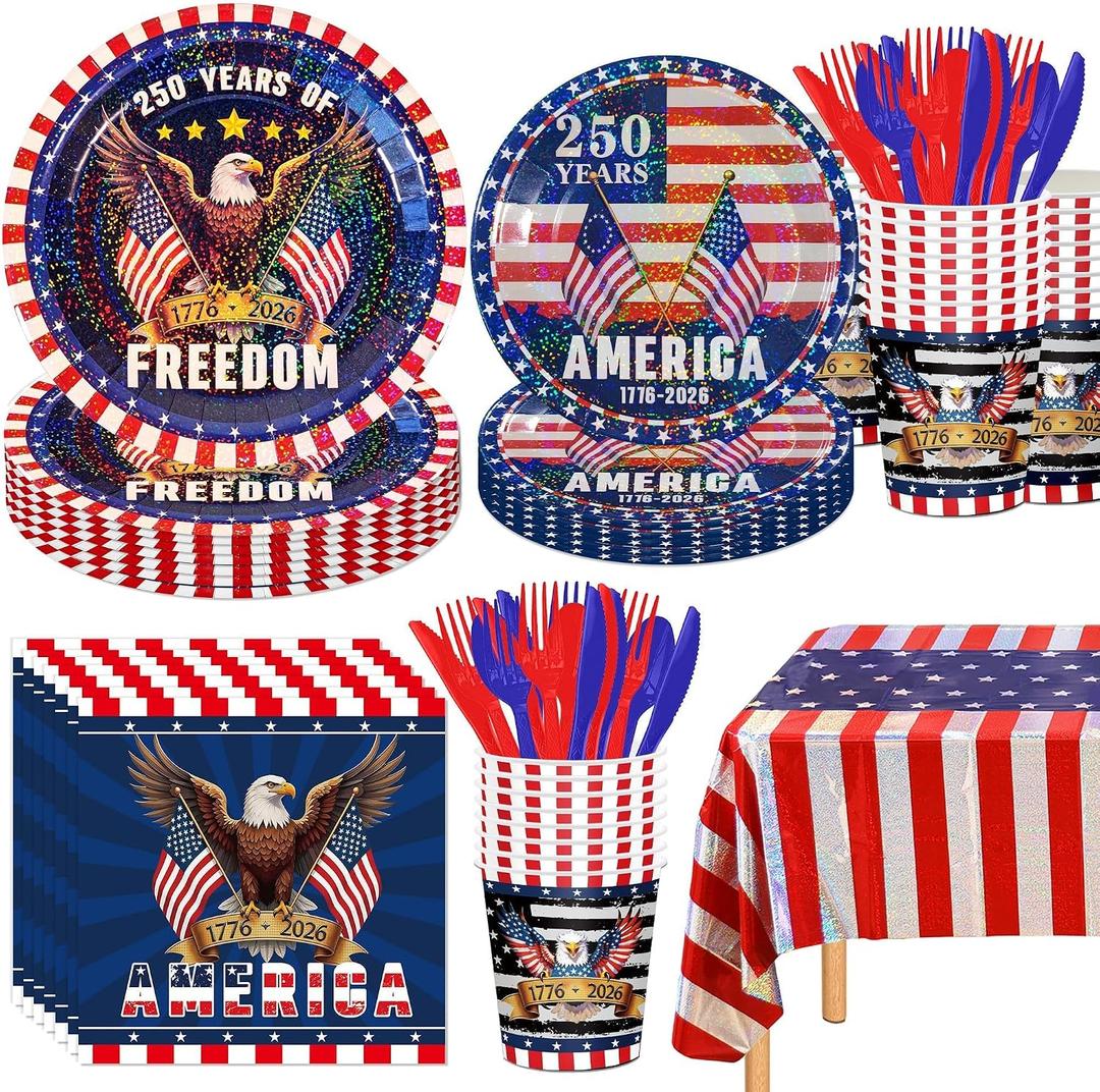 Iridescent USA 250 Years Anniversary Party Tableware Decorations Kit, Holographic Laser Plates(9+7), Sparkling Patriotic Tablecloth 9ft, Cups Napkins for 4th of July, Kids Birthday, Patriotic Party