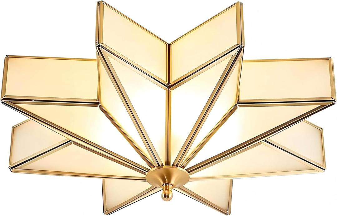 LIGHTLAND 19.7 Inch Flush Mount Star Ceiling Light, 4 Lights Brass Ceiling Lamp with Glass Lampshade, Art Deco Close to Ceiling Light Fixtures for Bedroom Living Room Entryway Hallway, Gold