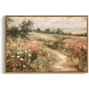 OIQArtOIQ Framed Canvas Wall Art,Vintage Decor,Landscape Nature Country Wildflower Paintings Farmhouse Pictures Modern Artwork Rustic Fall Flower Prints Cottagecore Office Living Room Bedroom Bathroom