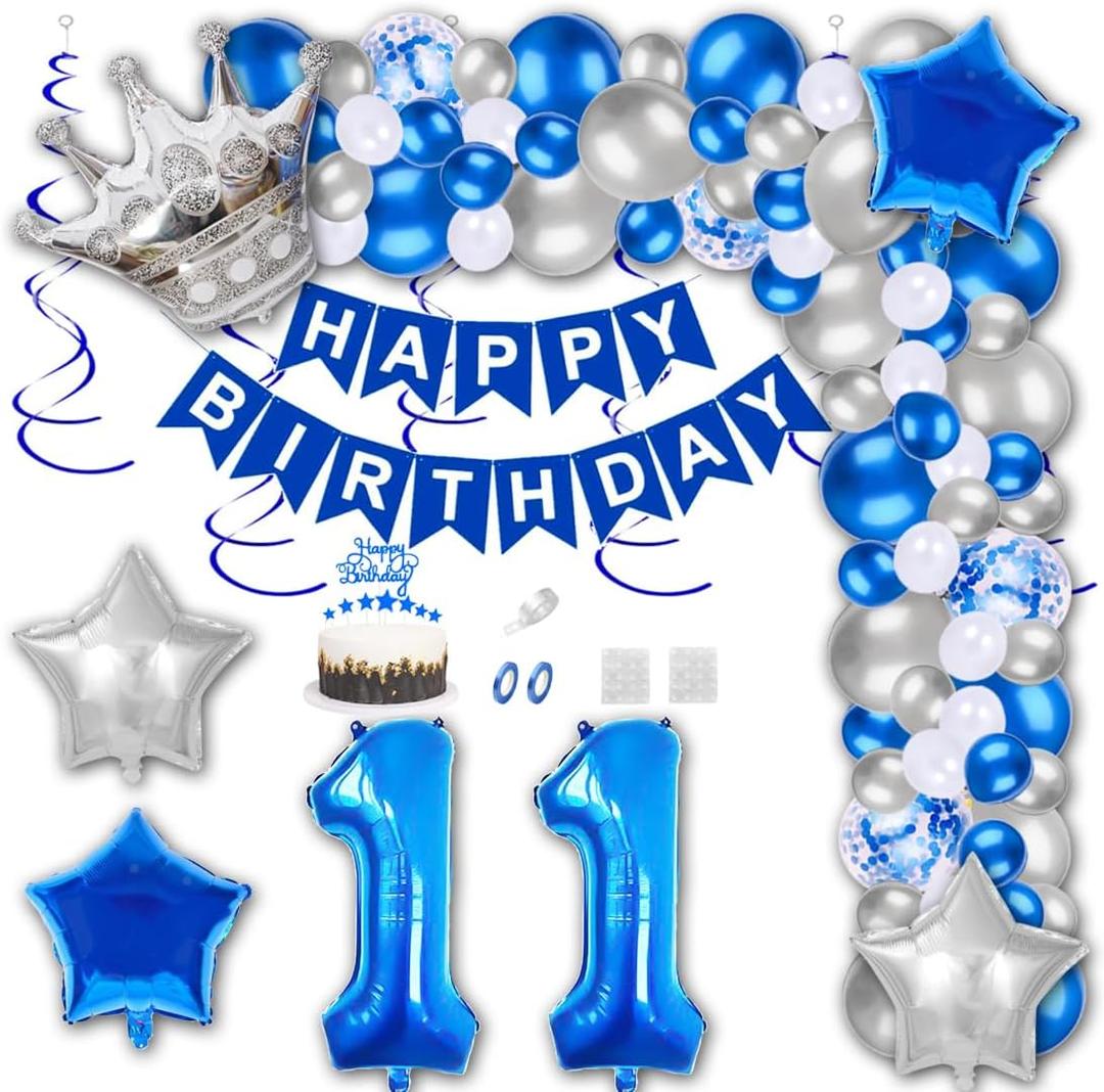 11st Birthday Party Decorations Blue Happy Birthday Banner Latex Confetti Balloons Number 11 Foil Balloon Silver Crown Star Mylar Balloon Cake Topper for Men Women Anniversary Party Supplies