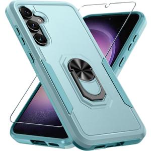 Compatible with Samsung Galaxy S24/S25 Case with Screen Protector Tempered Glass,Heavy Duty Shockproof Full Body Phone Cover Built in Metal Ring Holder Kickstand,2025 Mint Green