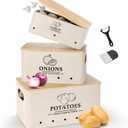 Kitchen Vegetable Storage Set of 3, Metal Onion Garlic Potato Storage Set, Kitchen Canisters Vegetable Keeper Containers with Aerating Holes and Wooden Lid (Beige)