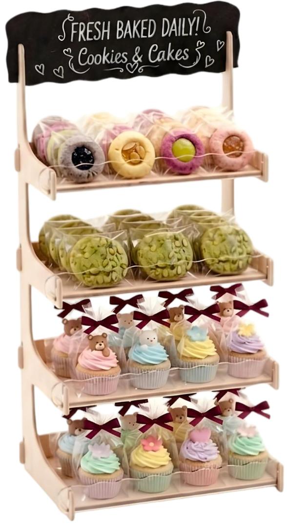 HOTCAN Cookie Display Stand for Bakers & Vendors with Acrylic Front | Wooden Dessert Stand with Chalkboard Sign for Market Booths, Craft Fairs & Events | 4 Tiered Cookie Display for Cupcakes, Muffins & Pastries (Natural)