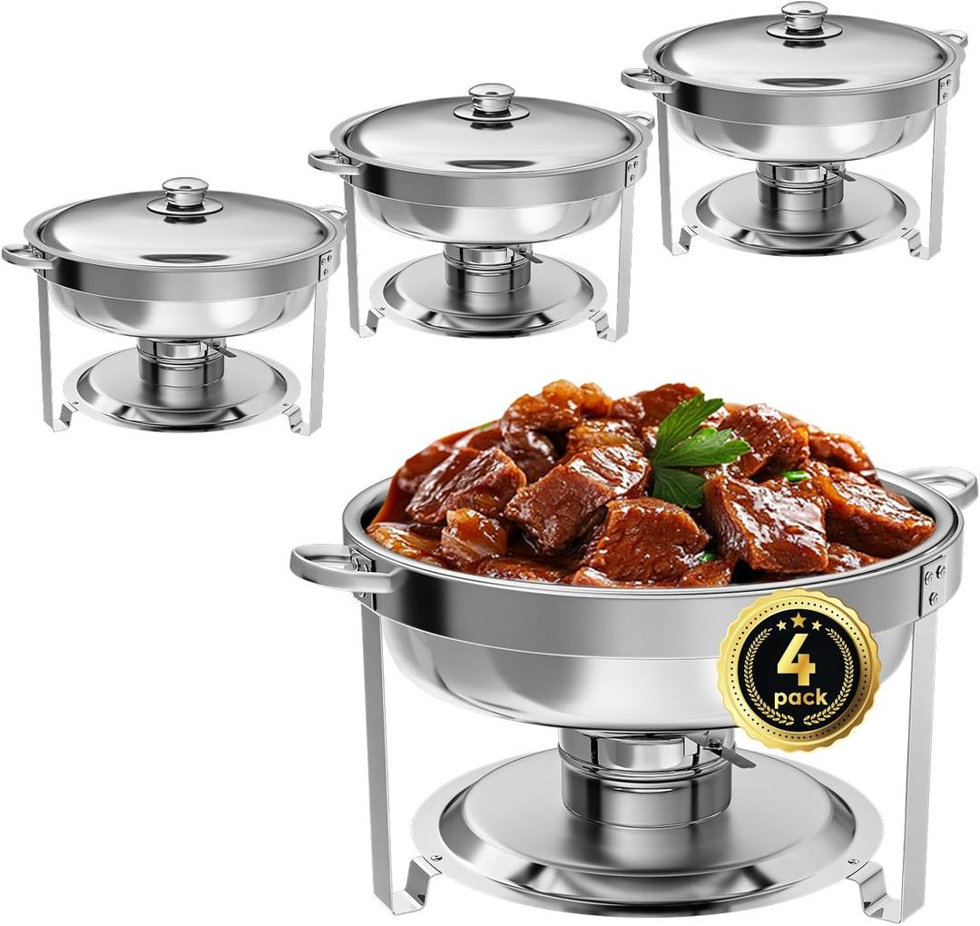 IMACONE Chafing Dish Buffet Set 4 Pack, 5QT Round Stainless Steel Chafer for Catering, Upgraded Chafers and Buffet Warmer Sets with Food & Water Pan, Lid, Frame, Fuel Holder for Event Party Holiday